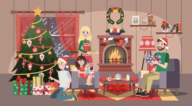 Happy Family Have Fun On The Christmas Celebration Home Party With Cookies New Year Celebrate Living Room Interior Vector Illustration In Cartoon Style 277904 1186